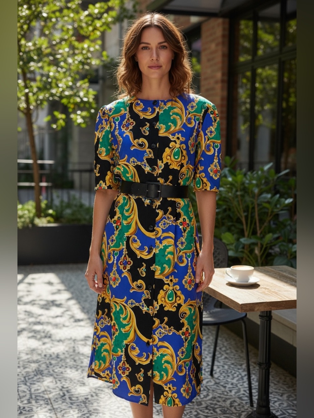 Vintage Adrianna Papell Blue, Green & Black Printed Midi Dress 100% Silk